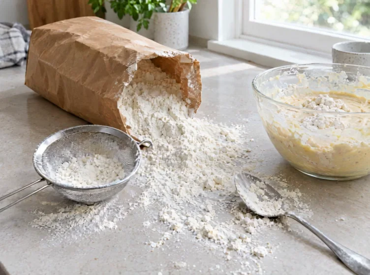 Klasik paket un: tezgâha dökülmüş un, elek ve topaklı hamur