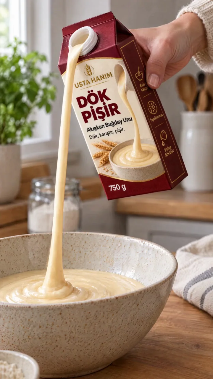 Dök Pişir ambalajından kaseye akışkan un dökülüyor